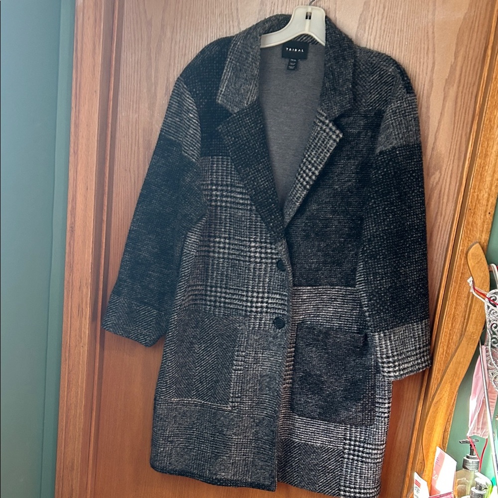 Tribal Black & Gray Patchwork Plaid Trench Coat
